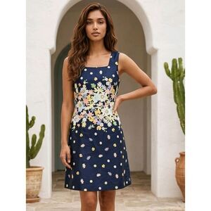 Ann Taylor LOFT Petite Fit & Flare Sleeveless Sundress Navy Floral Work Dress